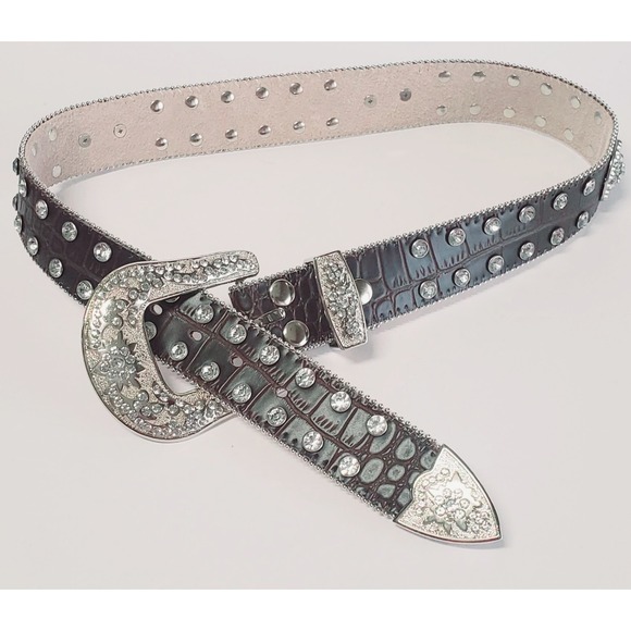 Western Leather S Belt Bling Concho Rhinestone Studs Pave Adjust Buckle - Picture 3 of 8